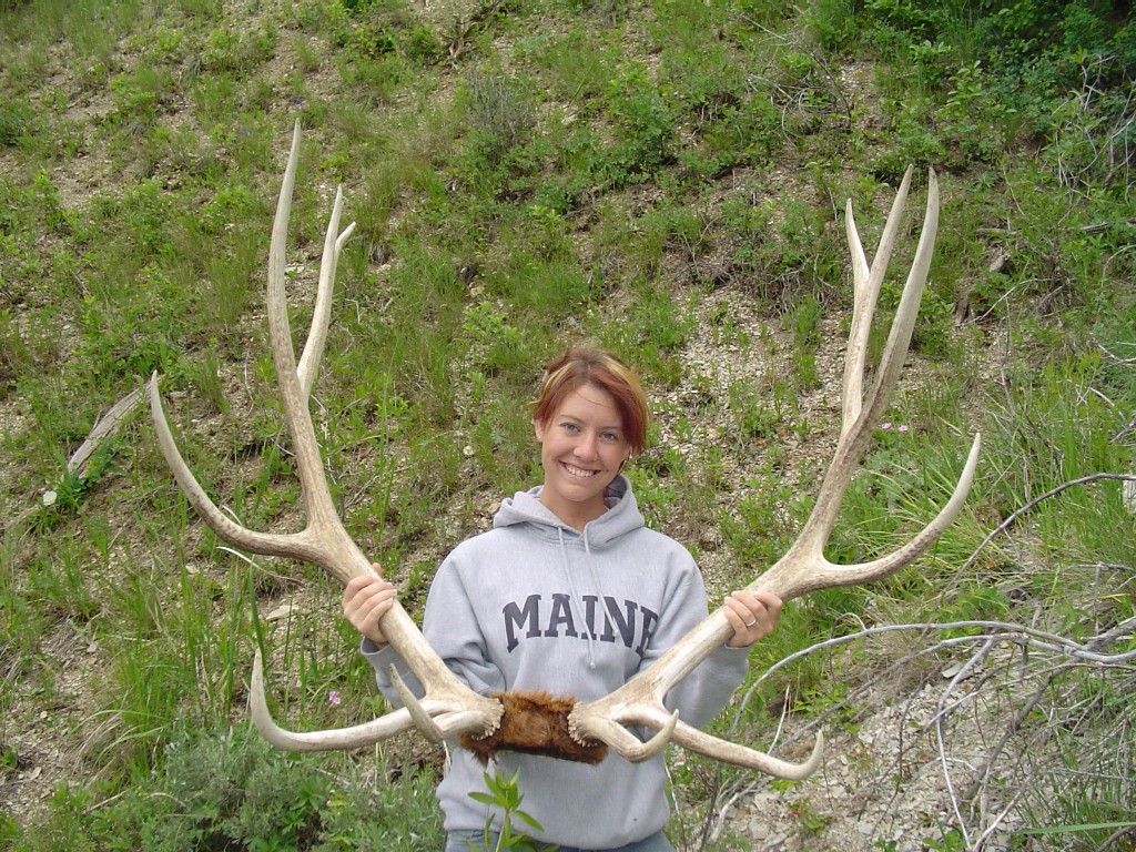 Jessica with some elk antlers she found 
while working her summer job, June, 2005.